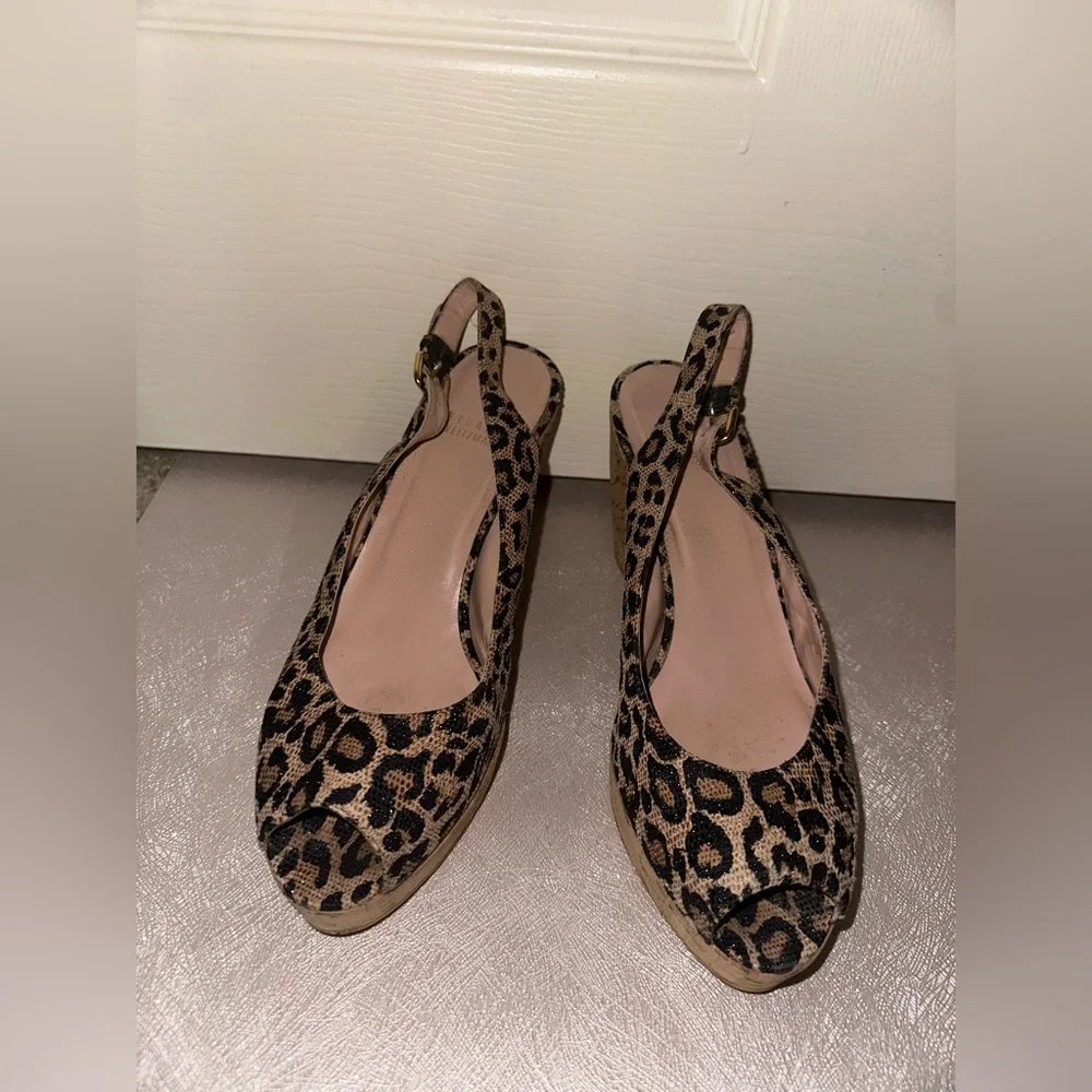 Stuart Weitzman Leopard Print Slingback Wedges - Brown/Black 10 summer vacation - Picture 2 of 13